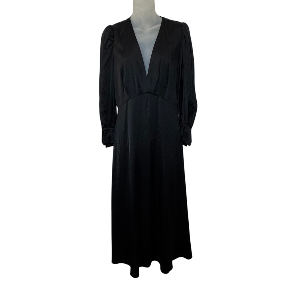 ba&sh Chiara Midi Dress Black V Neck Long Sleeve Minimalist French Designer sz 2
